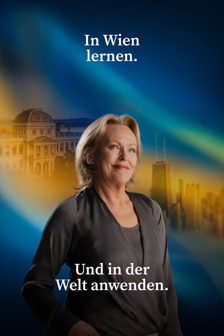 Porträt von Hannelore Veit vor einer Collage aus dem Hauptgebäude der Universität Wien und der Skyline einer Großstadt. Text: „In Wien lernen. Und in der Welt anwenden.“