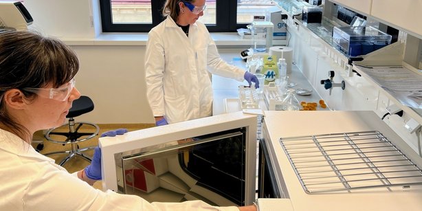 Picture of Emily. M. Pigott and Maddalena Gianni undergoing radiocarbon pre-treatment method in the Higham Lab at the University of Vienna.