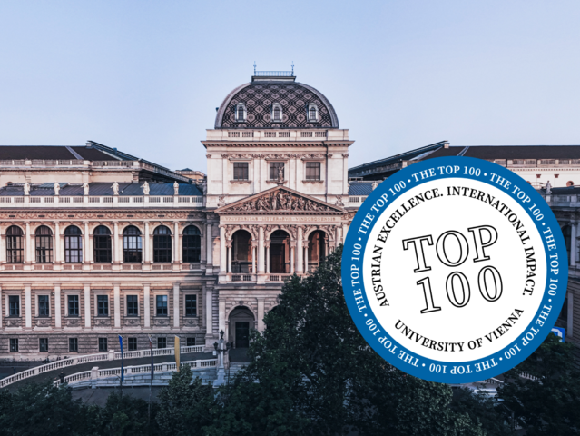 Picture of the main building of the University of Vienna with graphic badge  "Uni Vienna Top 100"