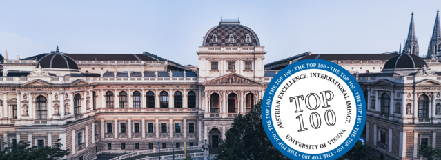 Picture of the main building of the University of Vienna with graphic badge  "Uni Vienna Top 100"
