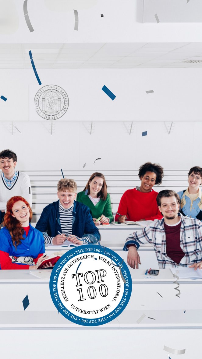 Foto von Hörsaal mit Badge "Uni Wien Ranking Top 100"