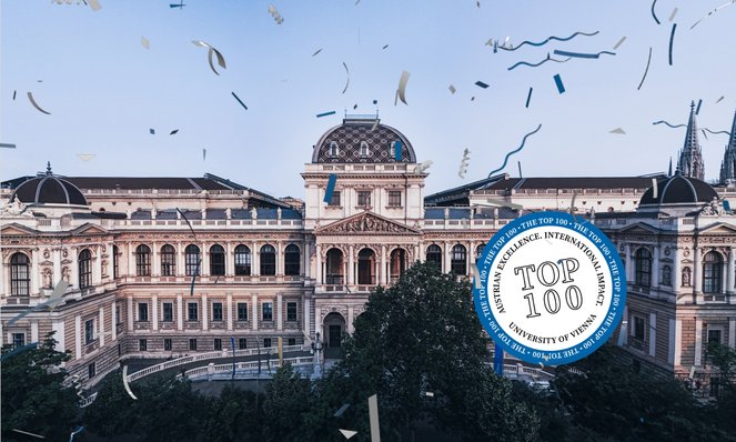 Picture of the main building of the University of Vienna with graphic badge  "Uni Vienna Top 100"