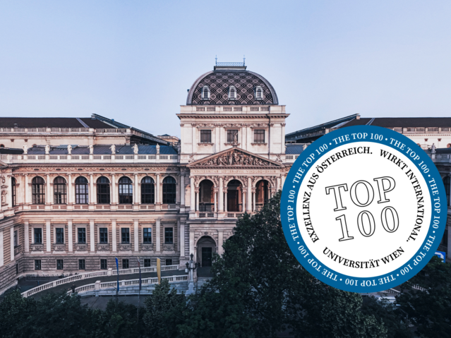 Foto vom Hauptgebäude der Uni Wien mit Badge "Uni Wien Ranking Top 100"