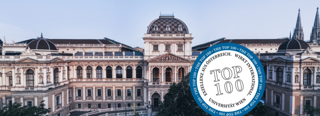 Foto vom Hauptgebäude der Uni Wien mit Badge "Uni Wien Ranking Top 100"