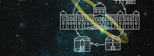 Copytext: "Long Night of Research. We're taking part!" combined with illustrated motifs of the University of Vienna's campuses