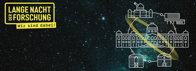 Bildtext "Lange Nacht der Forschung. Wir sind dabei!" in Kombination mit gezeichneten Sujets der Uni Wien Standorte