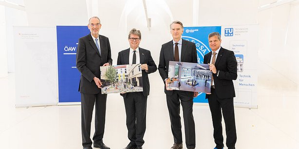 Heinz Fassmann, Präsident der ÖAW; Martin Polaschek, Bundesminister für Bildung, Wissenschaft und Forschung; Sebastian Schütze, Rektor der Universität Wien; Jens Schneider, Rektor der TU Wien