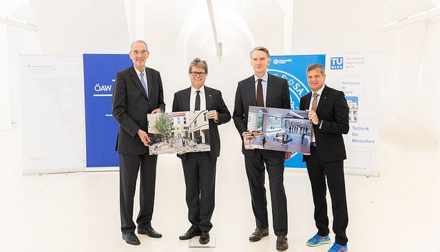 Heinz Fassmann, Präsident der ÖAW; Martin Polaschek, Bundesminister für Bildung, Wissenschaft und Forschung; Sebastian Schütze, Rektor der Universität Wien; Jens Schneider, Rektor der TU Wien